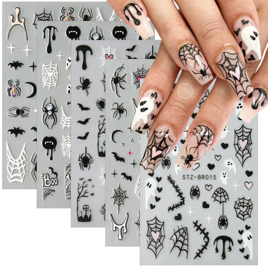 Halloween Bat Spider Nail Stickers for Nail Art Cute Halloween Nail Art Stickers 3D Self-Adhesive Gothic Skull Ghost Design Decals Halloween Nail Art Decoration for Women DIY Holiday Manicure 5 Sheets