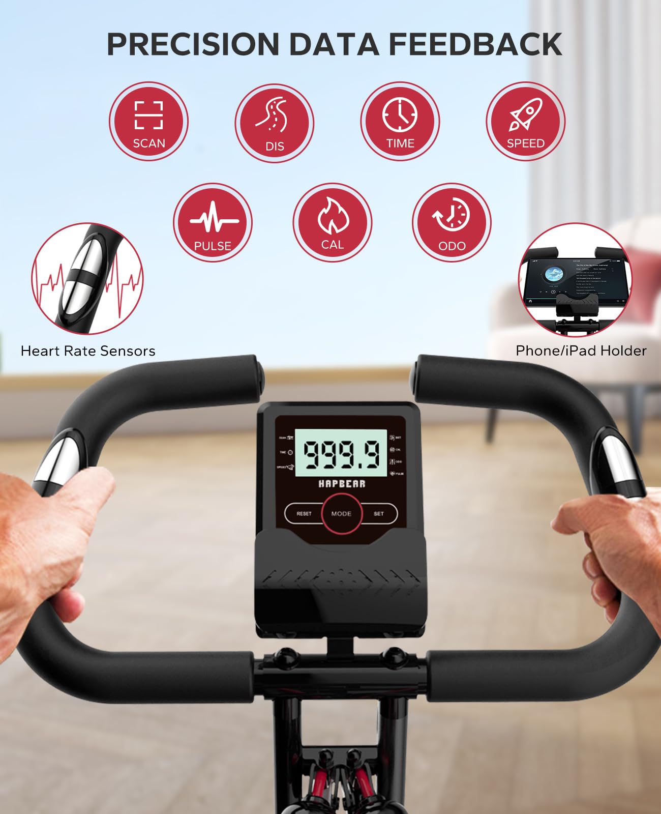 HAPBEAR Folding Exercise Bike Magnetic Foldable Stationary Bike, 3 in 1 Mode Indoor Upright Fitness Workout X-Bike with 8-Level Resistance and Arm Resistance Band, Pulse Sensor,LCD Monitor