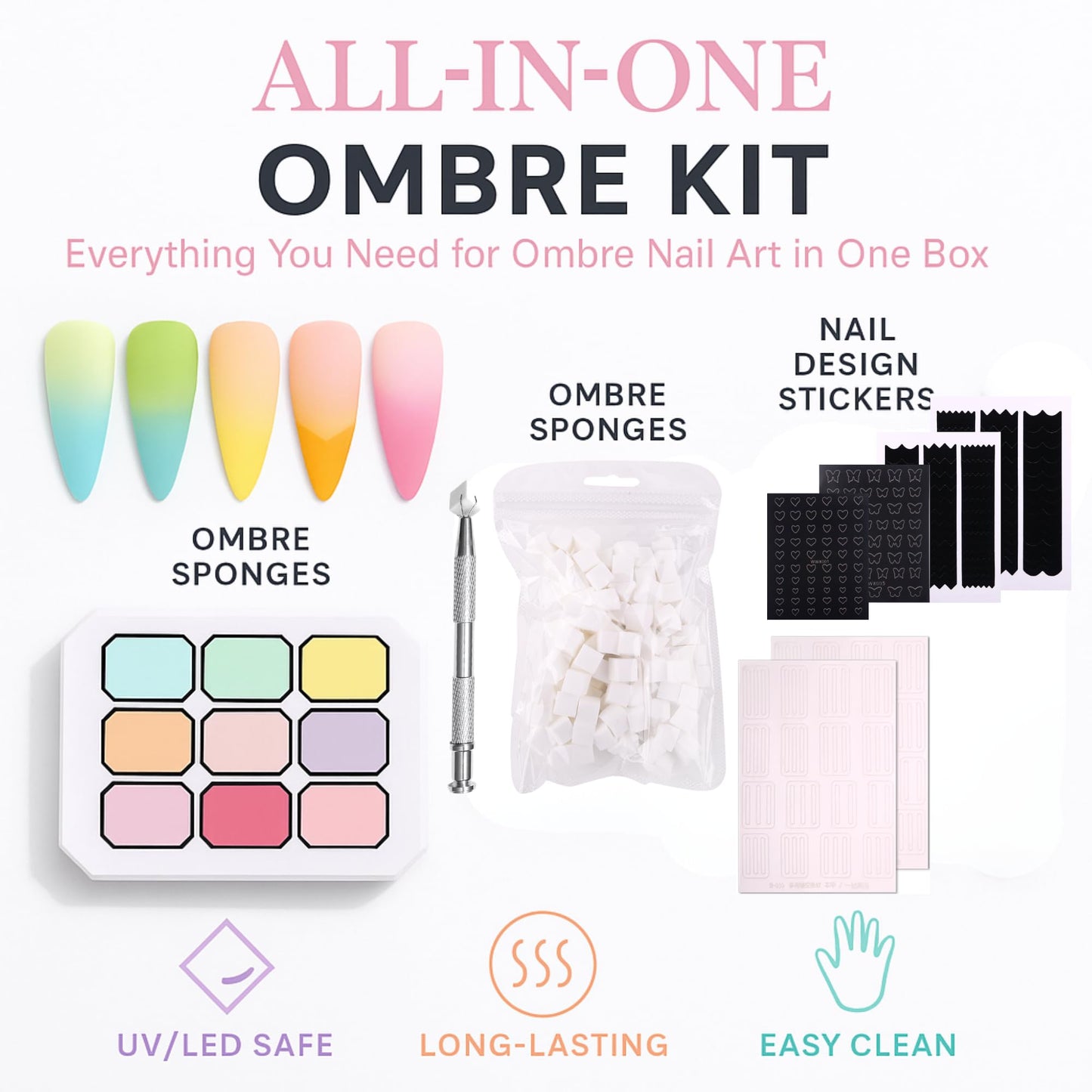 Gradient Ombre Nail Polish Kit, 9 Colors, 100 Sponges, French Manicure Tool Set with Stickers (Cotton Cloud Ombre Set #16)