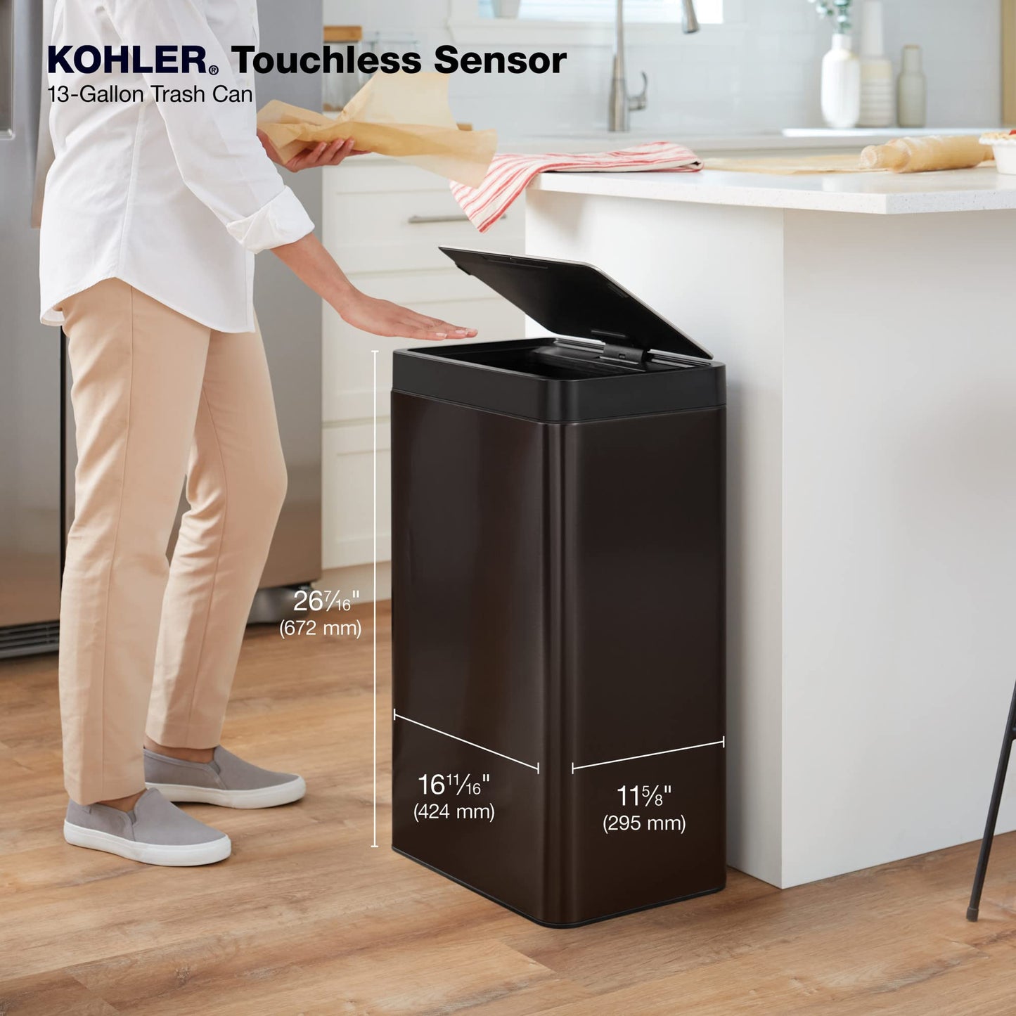 Kohler 23825-BST 13-Gallon Touchless Black Stainless Steel Trash Can, Hands-Free Motion Sensor Lid, Durable, Fingerprint-Resistant, Easy to Clean, K-23825-BST