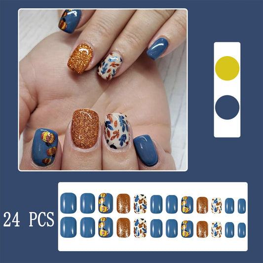 24Pcs Fall Thanksgiving Press on Nails Short Square Fake Nails with Orange Glitter Autumn Maple Leaves Acrylic Nails Press on Reusable Pumpkin False Nails for Women Girls Nail Decoration