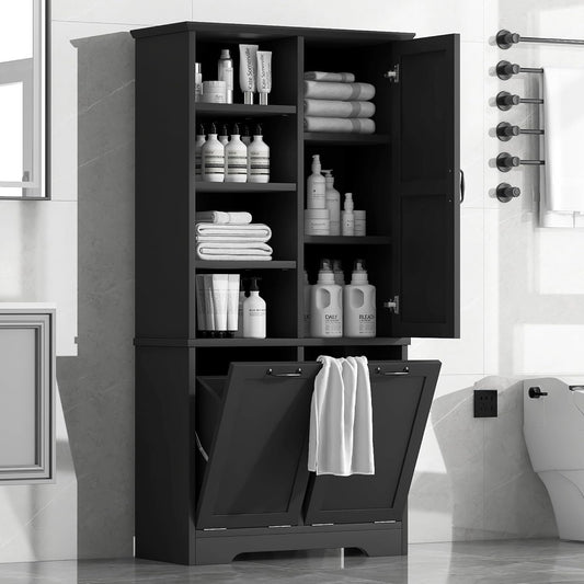 Virubi Tall Laundry Cabinet with 2 Tilt Out Laundry Hamper, Wood Bathroom Storage Cabinet with Doors and Adjustable Shelves Freestanding (Black)