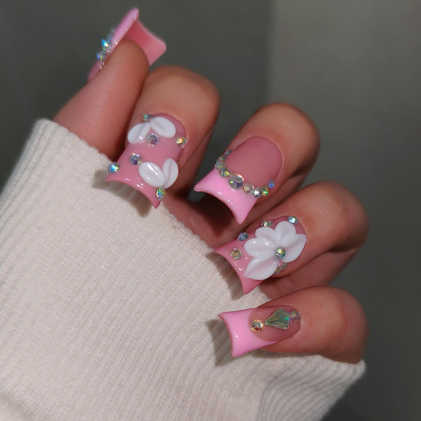TENPAL Duckbill Shape Handmade Press On Nails Kit,Pink French Floral Nails with 3D Flowers Diamond Designs,Glazed Donut Nude Pink Fake Nails with Tools,Elegant French Tip Duckbill Nails with Gems(S)