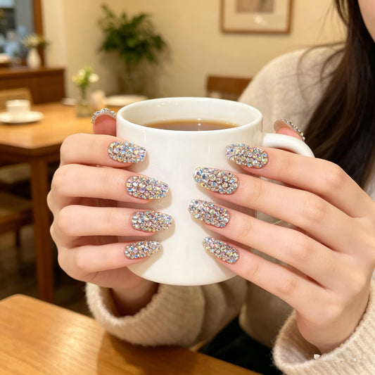 Elevenail Handmade 24pcs Full 3D Rhinestone Press on False Nails Medium length Coffin Fake Nails Salon DIY Manicure Reusable Acrylic Shiny Crystal Nail Art Tips Gift for Women Girls