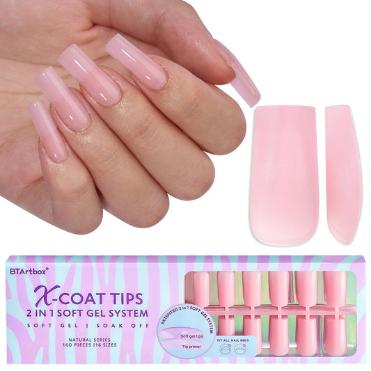 BTArtbox XCOATTIPS Soft Gel Nail Tips - Matte Long Square Press On Nails Pink Colored Natural with Tip Primer Cover, One-Step Full Cover Fake Nails Gel Nails for Nail Extensions Art