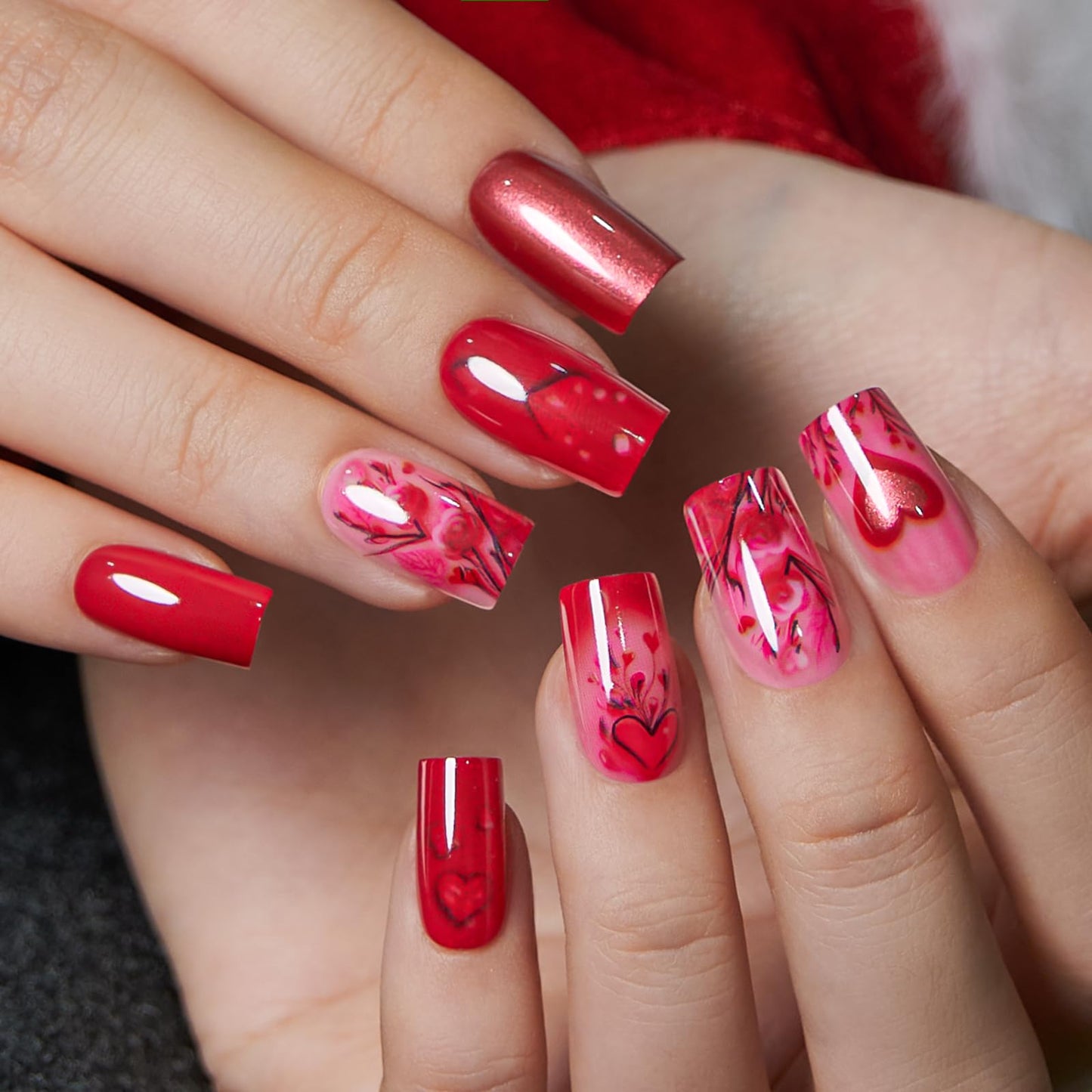 CurvLife Press On Nails Long Square Red Floral, Soft Gel Glossy Fake Nails, Reusable Durable Salon-Style Manicure for Women Teens Beginners, 30pcs, Daily Wear for Work Party