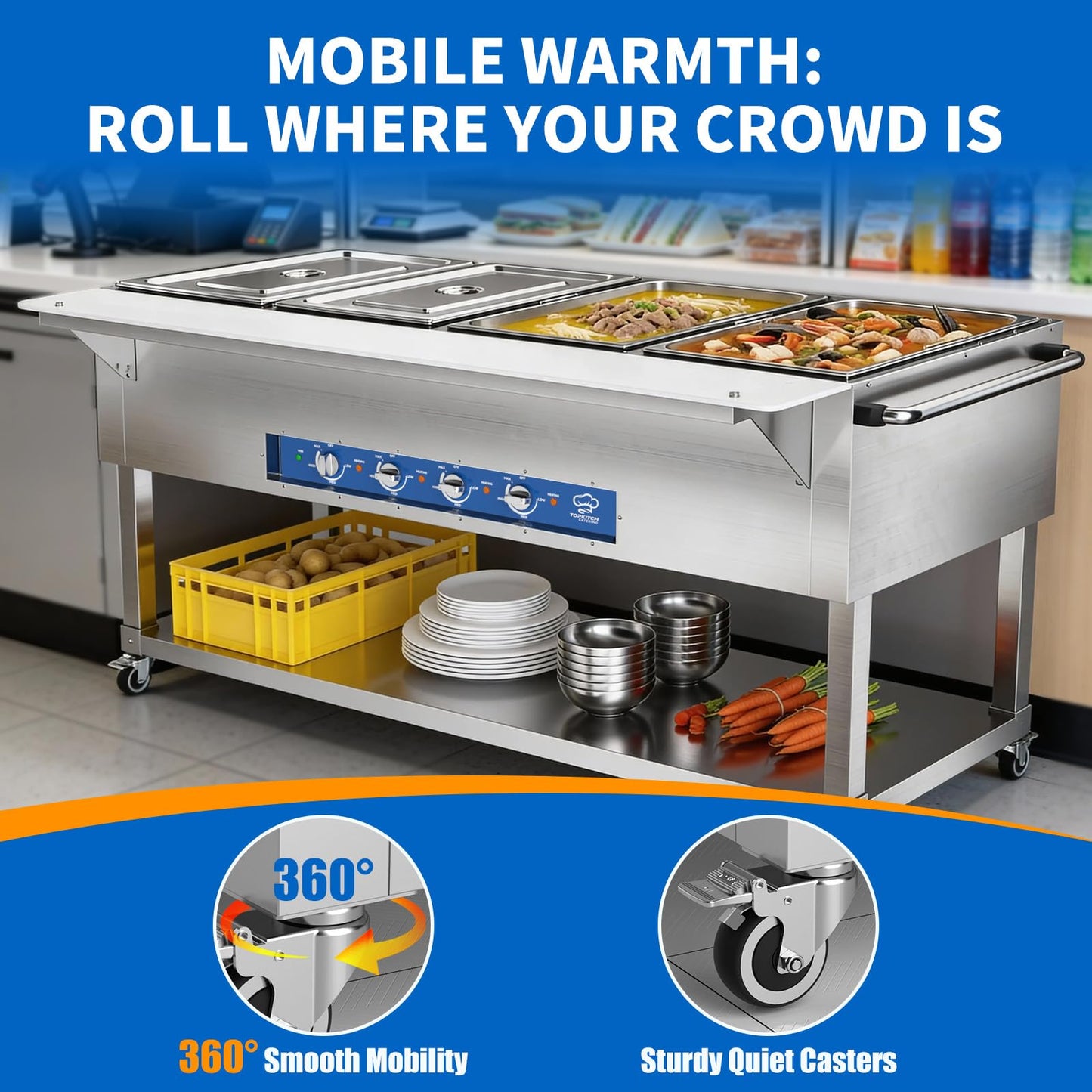TOPKITCH Commercial Electric Food Warmer Soup Station - 4 Independent 19.5L Pans with German EGO Thermostat, Rolling Stand with Adjustable Shelves for Restaurant, Catering, Party