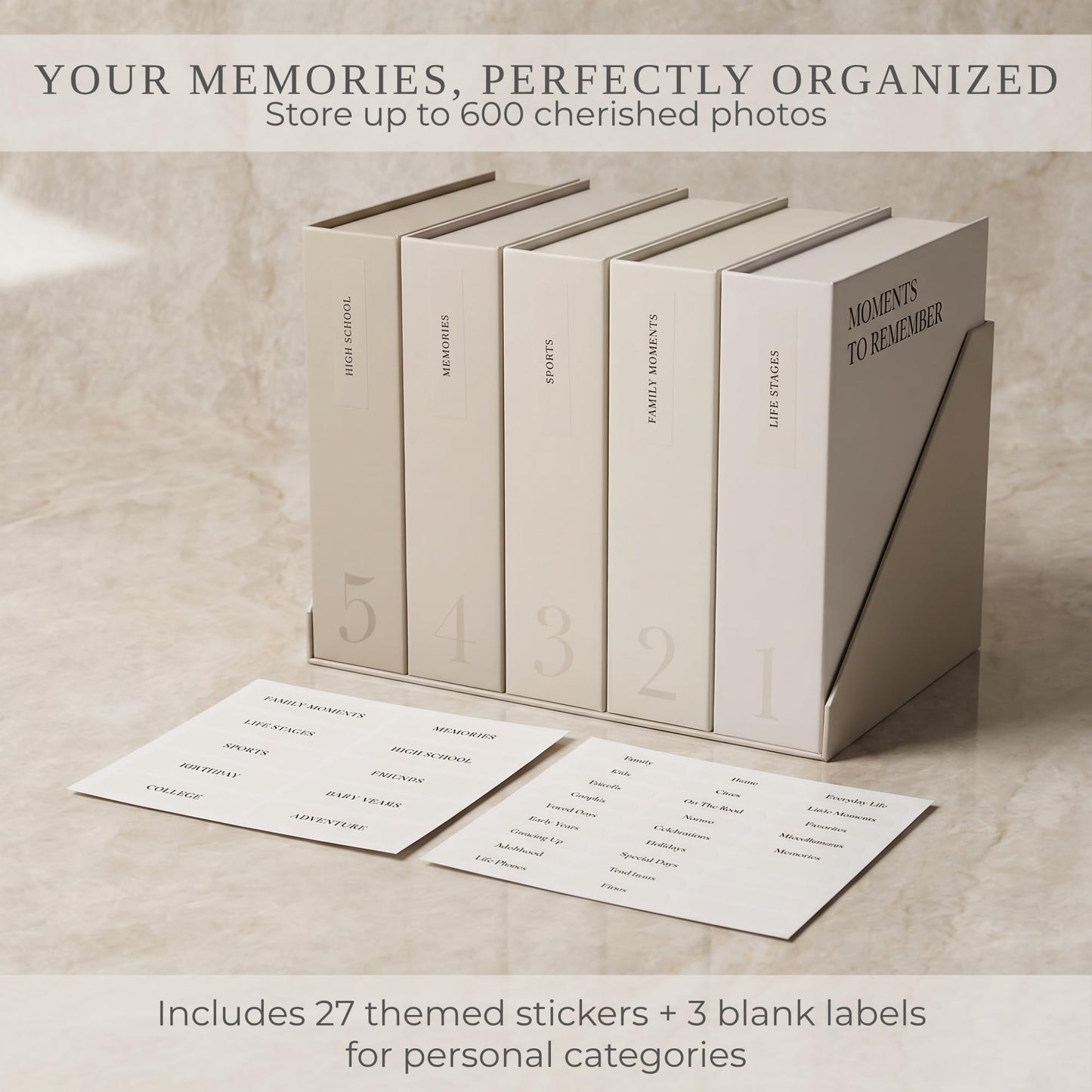 ZICOTO Decorative Photo Storage Box Set of 5 - Sturdy Photo Organizer Boxes with Dividers and Pre-Printed Labels to Keep Your Precious 4x6 Pictures Beautifully Organized on Your Shelf