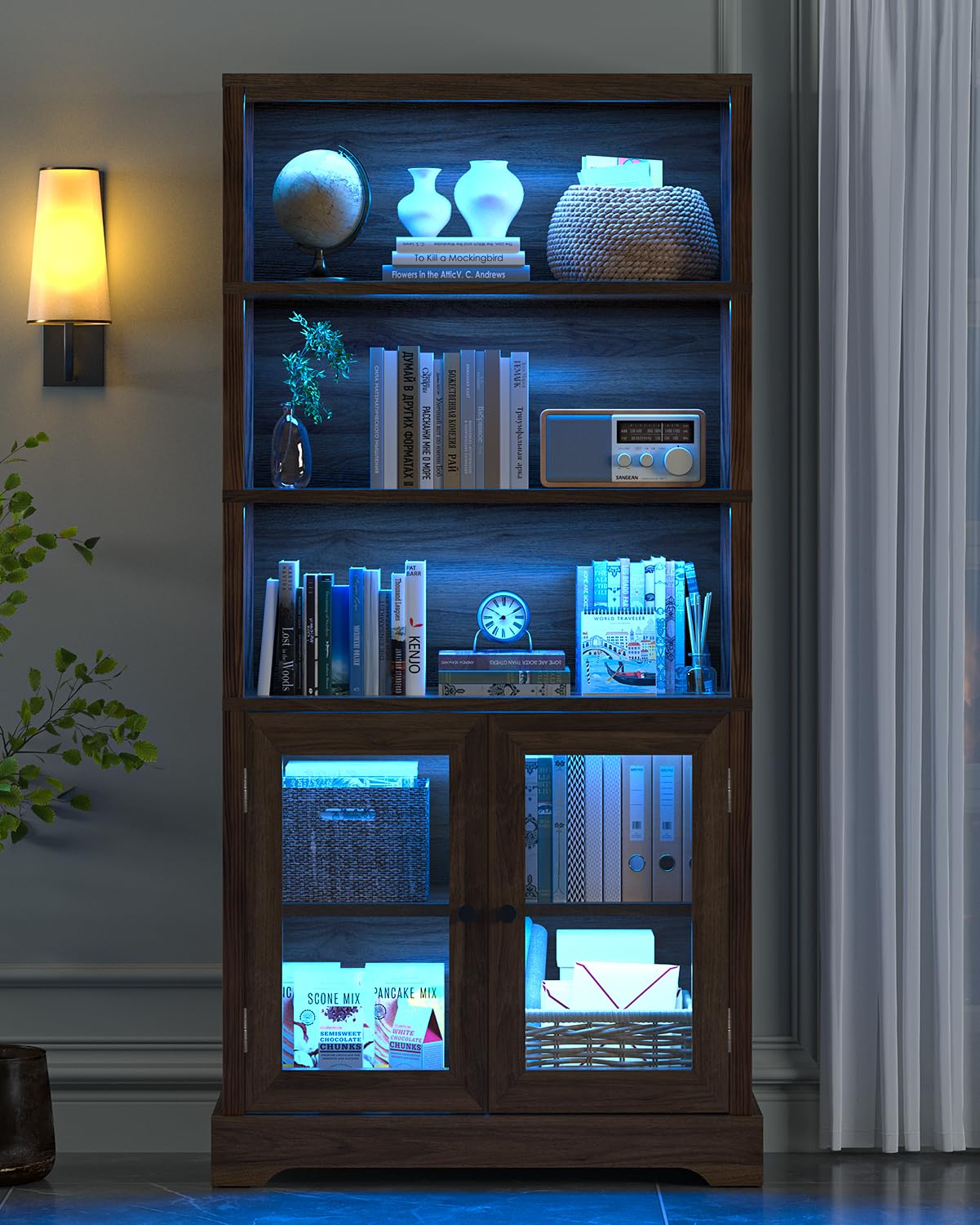 TVU 5-Tier Bookshelf, 65" Bookshelf with Multi-Color Ambient Lights (APP Remote Control), Tall Display Shelf with Cabinet Doors, Suitable for Living Room, Bedroom, Study, Office, Rustic Brown