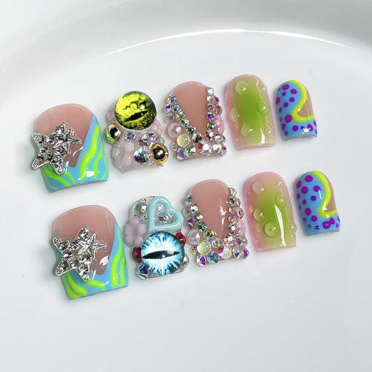 Handmade Press on Nails Short Square 3D French Tip Thick Acrylic Fake Nails Y2K False Nails with Polka Dots Eyes Charms Rhinestones Stars Water Drop Designs Sturdy Nail Art Press on Nails 10Pcs(M)