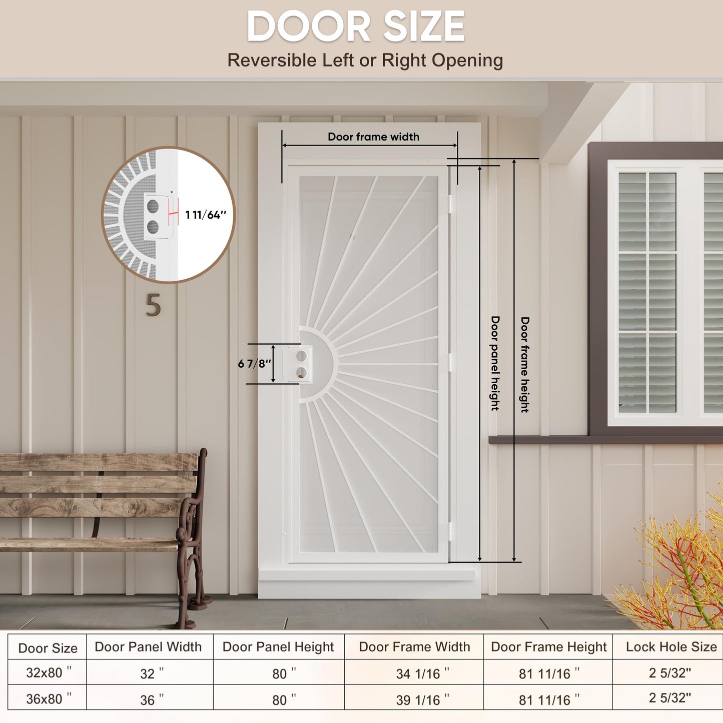 JUBEST 36 in. x 80 in. Security Door, Exterior Front Entry Door, Outswing Steel Security Door with Metal Screen, Powder Coated White, No Lock
