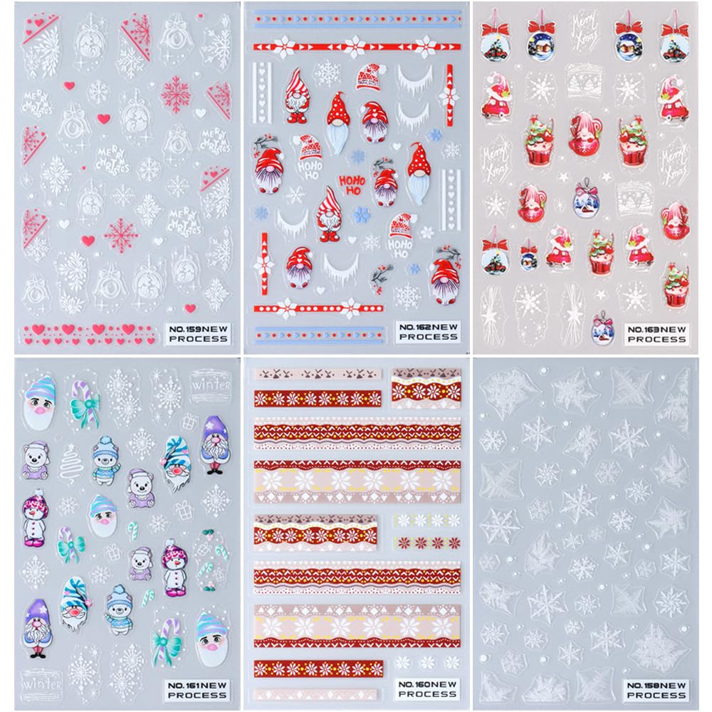Christmas Nail Art Stickers, Snowflake Nail Decals 3D Self-Adhesive Snowflake Santa Claus Snowmen Winter Nail Design DIY Christmas Nail Decoration for Party(6Sheets)