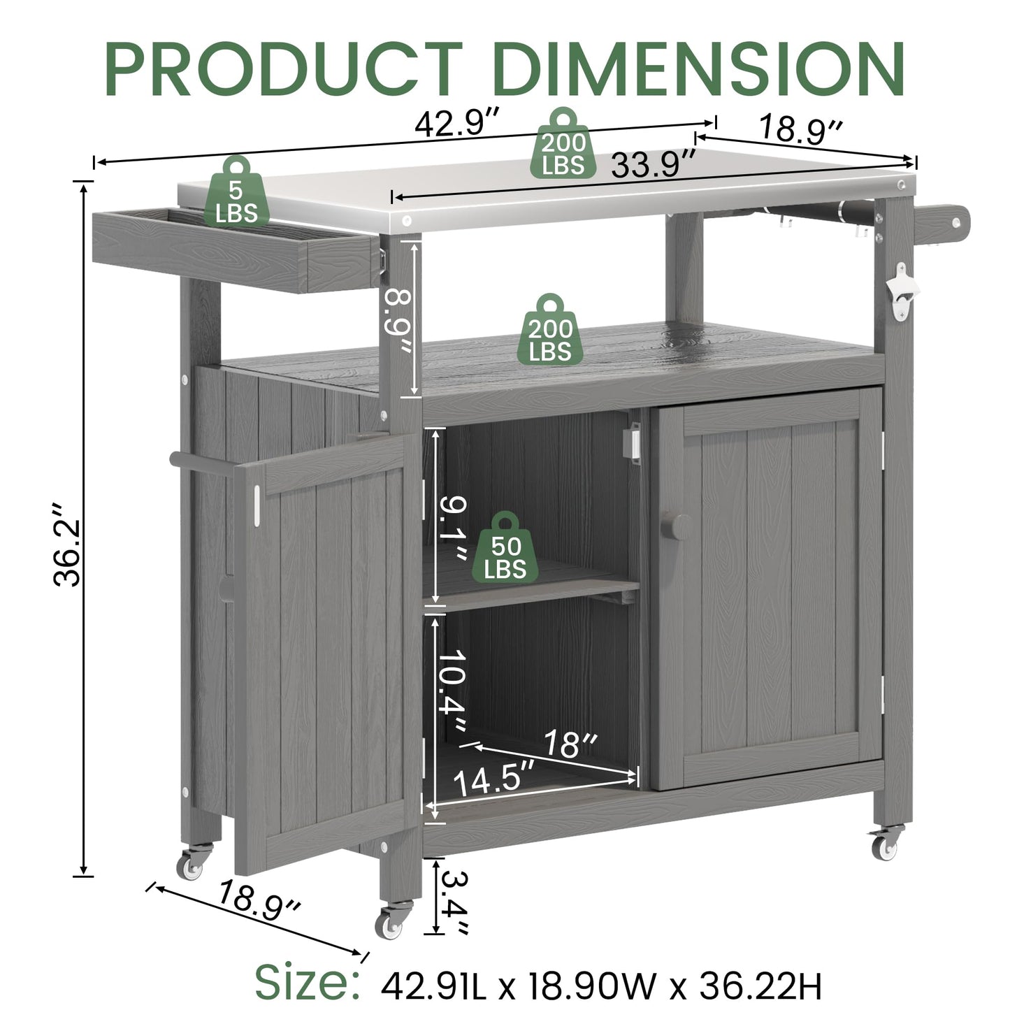 Sunnibety Weatherproof HIPS Outdoor Kitchen Island with Stainless Steel Top & Storage Cabinet, Movable Prep Table with Wheels for BBQ Food Prep, Outdoor Grill Cart for Parties, Grey