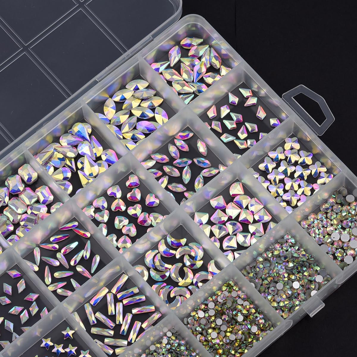 TEEKME Nail Rhinestones Kit 24-Grid, 2800PCS Crystal AB Flatback Glass Gems, 18 Shapes 6 Sizes Round Diamonds for Gel Acrylic Nails, Salon DIY Manicure Supplies with Storage Case, Tweezers, Wax Pen