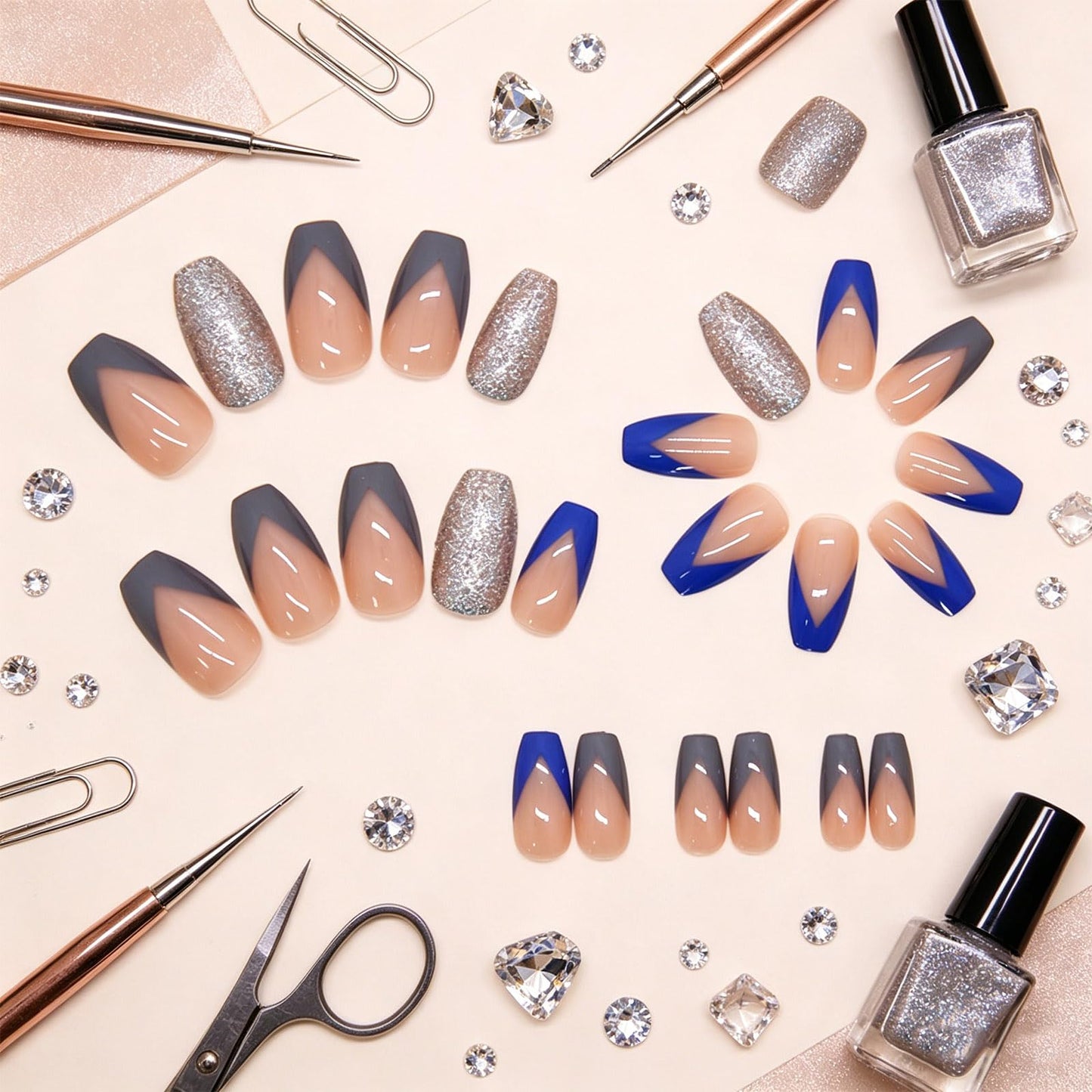 Blue French Tips Press on Nails with V Gray French Tips Design, Medium Coffin Fake Nails Glossy Silver Glitter False Nail Glue on Artificial Fingernails for Work Office Daily Wear