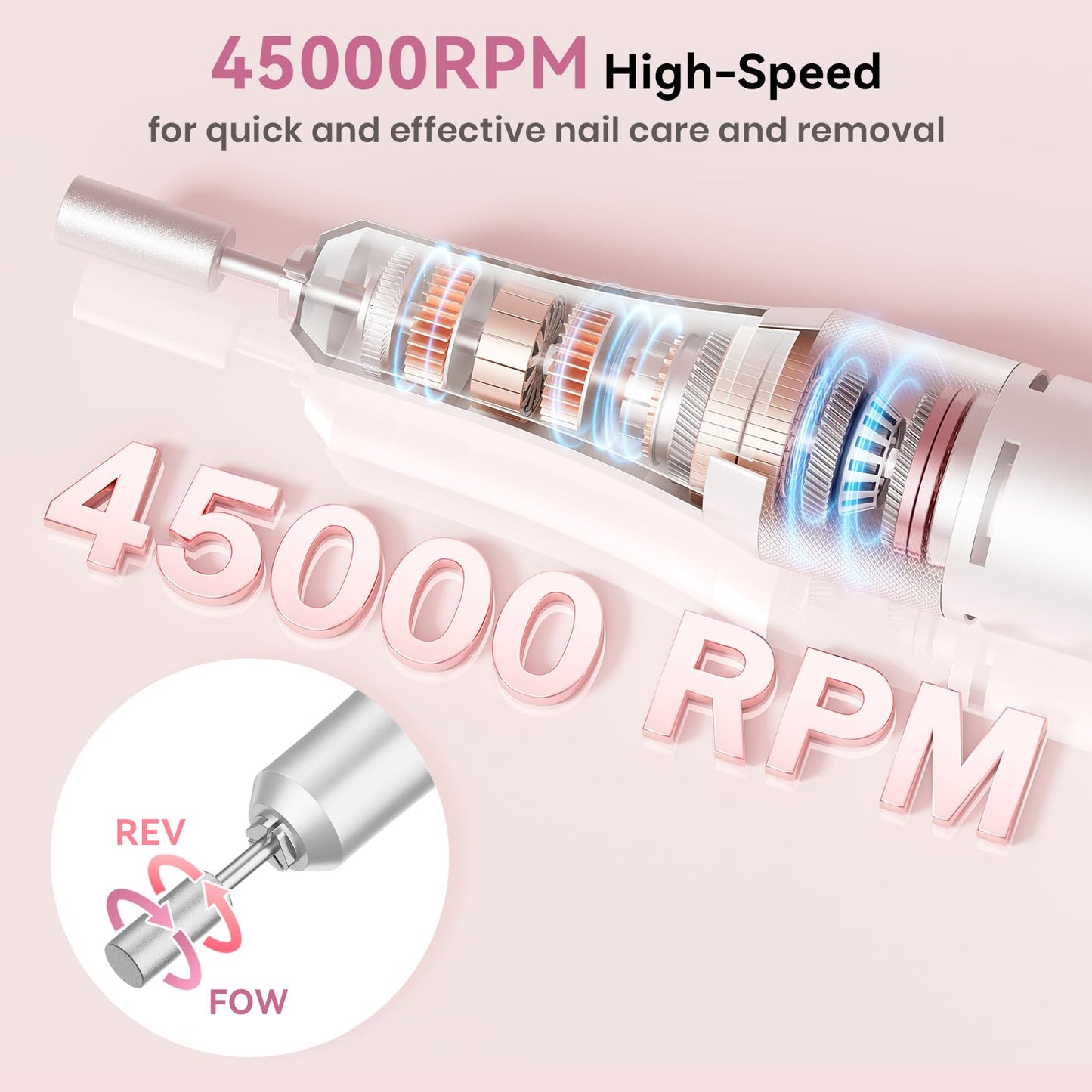 Professional Electric Nail Drill 45,000 RPM + 10pcs Nail Drill Bits & 50pcs Sanding Bands – Cordless Rechargeable Salon Kit for Acrylic, Gel Nails, Cuticle Removal, Shaping & Polishing