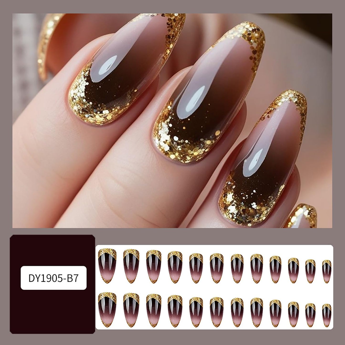 TBRZTR Brown Gradient Press on Nails Medium Almond Shaped Gold Glitter Powder Sequins Design Full Cover Press Ons False Nails Artificial Stick on Nail Acrylic Glossy Glue on Nails for Women 24Pcs