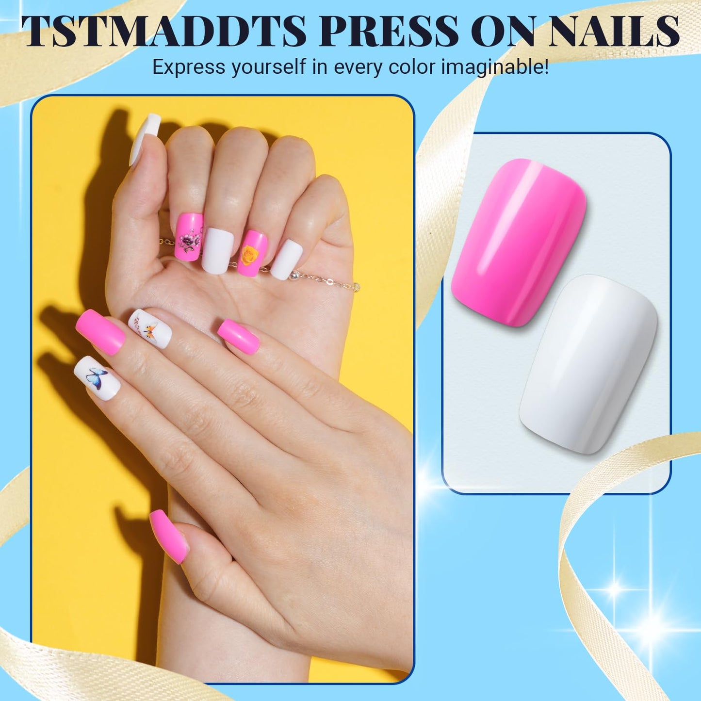 TsMADDTs Medium Square Press on Nails, 720 pcs Fake Nails with Glue, Files, Sticker, Tweezer for Women Home Art DIY