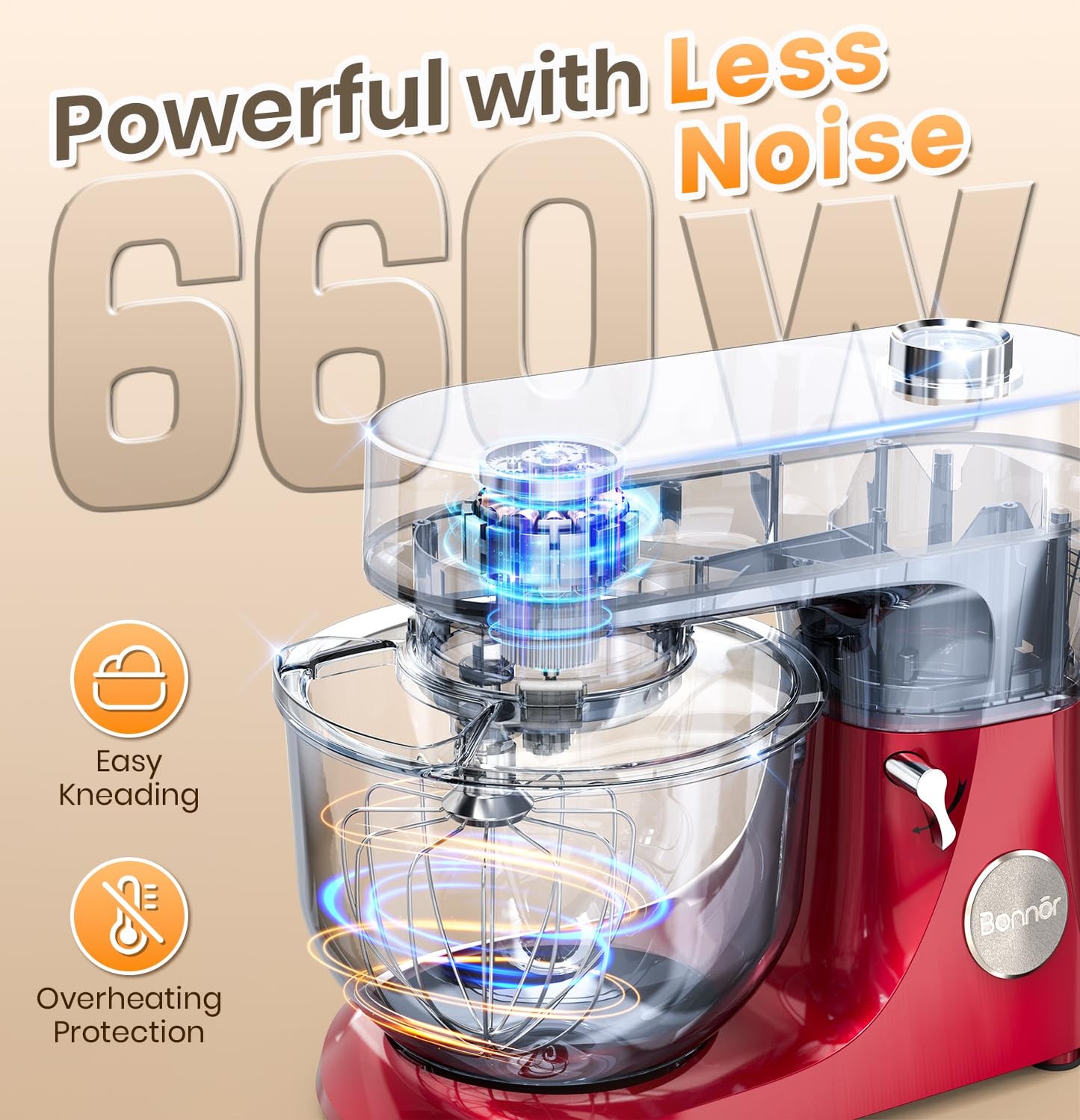 Bonnor Stand Mixer Set, 6QT Kitchen Mixer with LED Touchscreen, 11-Speed Tilt-Head Mixer with Timer, 4 Preset Menus, Stainless Steel Bowl, Hook, Whisk, Beater,Plus 2QT Ice Cream Maker Attachment,Red