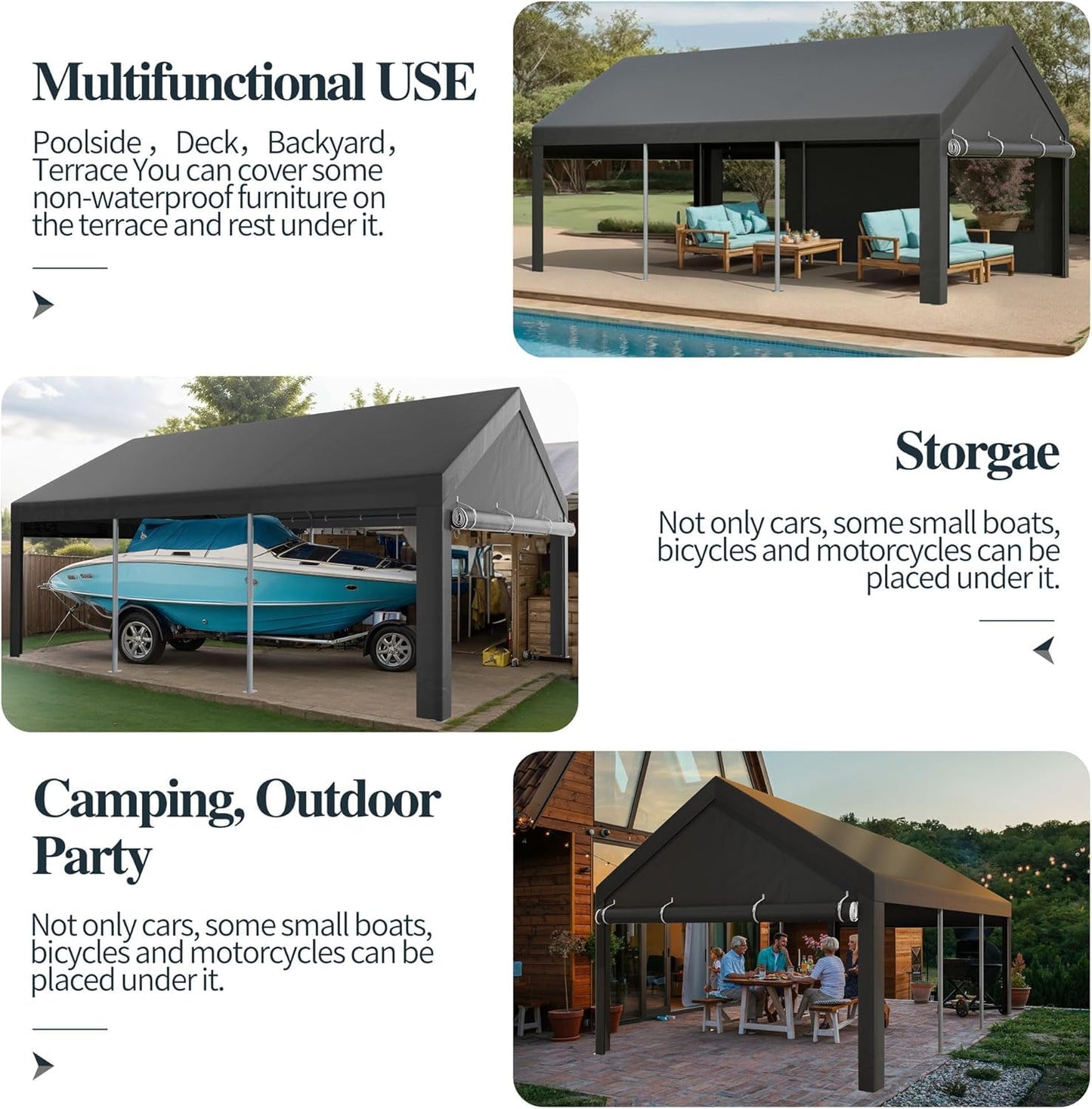Shintenchi 12x20 FT Heavy-Duty Design Carport,Portable Garage Canopy,Carport Canopy with Side-Opening Removable Door & Roll-Up Window,Portable Car Port for Car, Truck, Boat,Grey