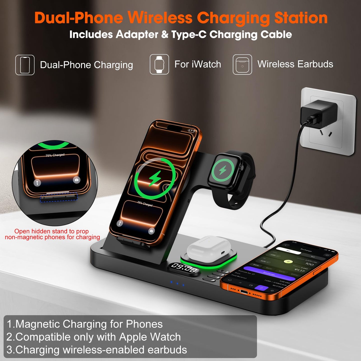 Dual Phone Magnetic Wireless Charging Station for Apple Devices/Apple Ecosystem, 7-Color Auto Light & 12H Clock, Multi-Device Charger for iPhone 17/16/15, for iWatch 11/10/9 & AirPods Pro3(Black