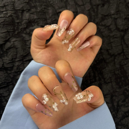 AKA Unicorn Trendy Handmade Press On Nails Medium Coffin Shape,10Pcs Hand Painted Acrylic Fake Nails with 3D Flower Charm Design Clip On Nail for Woman Gift-Design Concept:"Today's Flowers"
