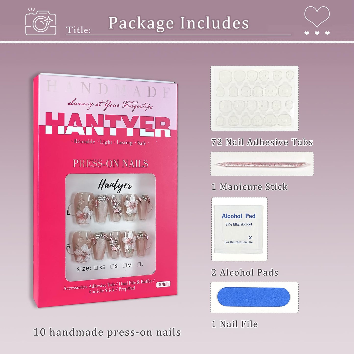 Hantyer Press On Nail Kits - 10pcs Handmade Acrylic False Nails In Pink With Flowers, Short Coffin Shape, Rhinestone And 3D Cat Eye Design For Women - Multi-Layer Gel, Reusable Salon Nails