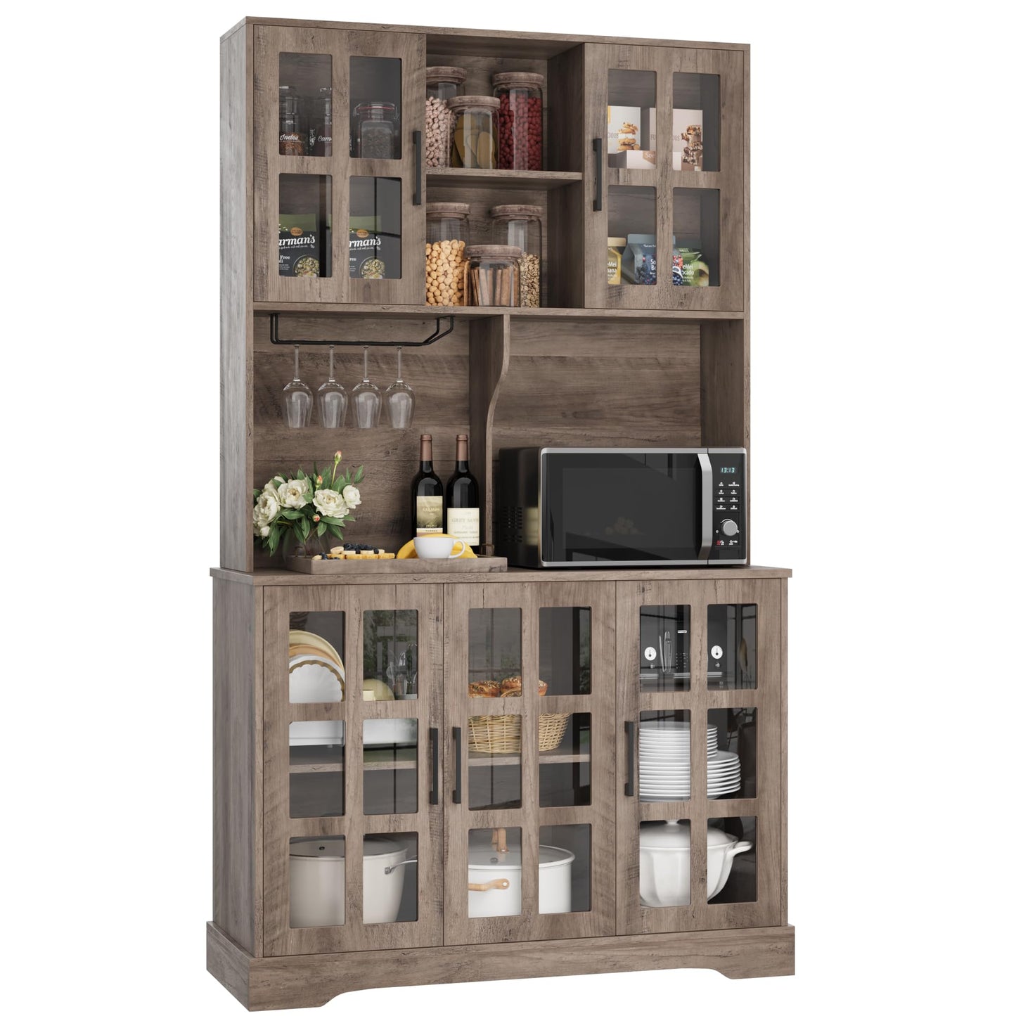 Keyluv Kitchen Pantry Storage Cabinet 71" Tall Freestanding Pantry Cabinet, Farmhouse Glass Door Buffet with Oven Countertop, Large Wood Hutch for Kitchen, Living Room and Dining Room, Rustic