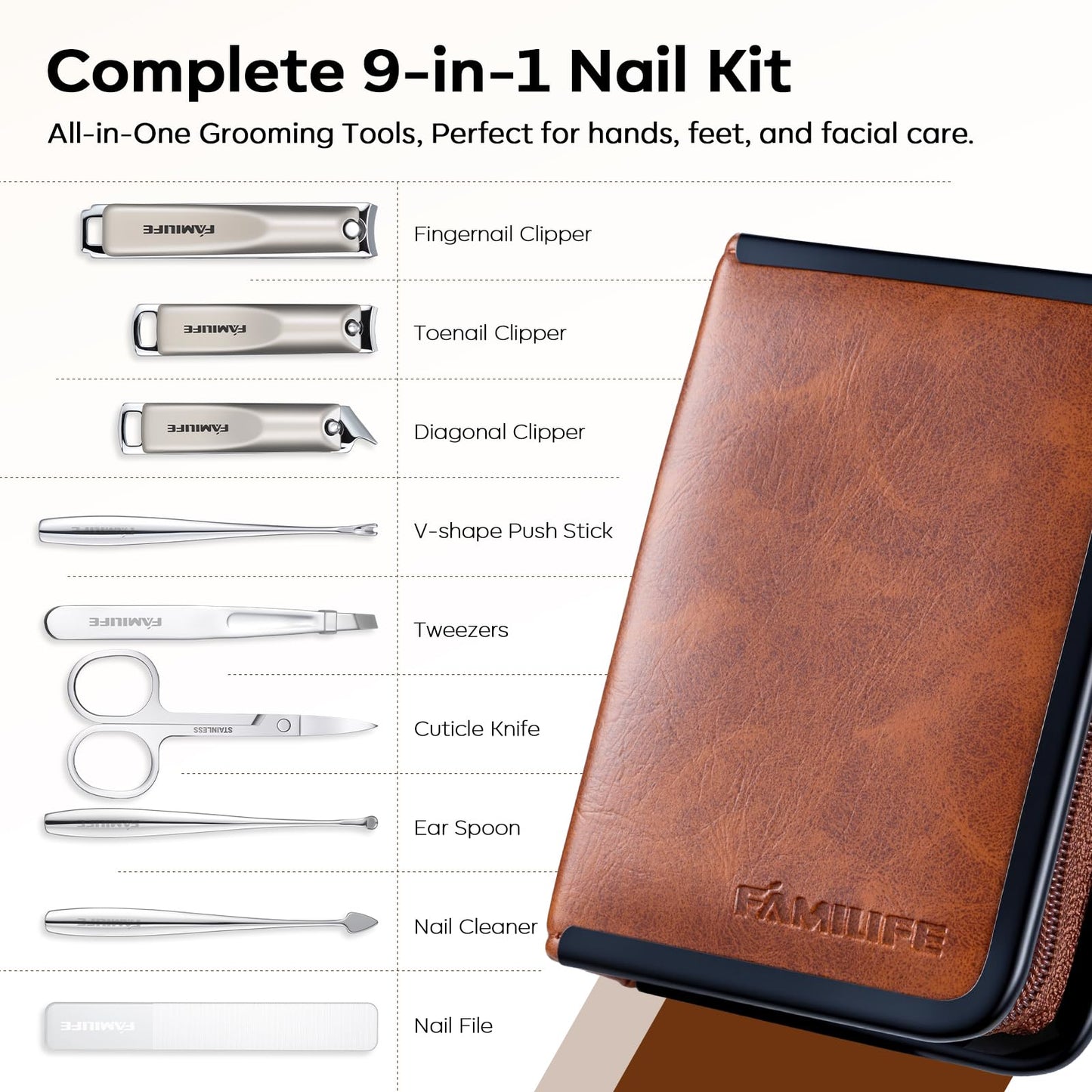 FAMILIFE Nail Care Kit 9-in-1 Professional - Carbon Steel Cuticle Scissors, Fingernail & Toenail Clippers for Nails, Manicure Set Travel Grooming Kit with Case (Brown)