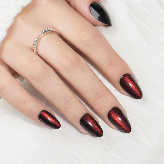 Leefrei Red Cat Eye Press on Nails - Short Almond Burgundy Cat Eye Nails, Soft Gel Fake Reusable Red Nails Press ons for Women, 32 pcs in 16 Sizes False Nails Kit with Glue, Cherry Mirage
