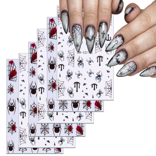 6 Sheets Halloween Nail Art Stickers 3D Self -Adhesive Blood Spider Web Nail Decals Holographic Black Blue Spider Blood Drops Nail Stickers Halloween Nail Decoration for Women Manicure Supplies