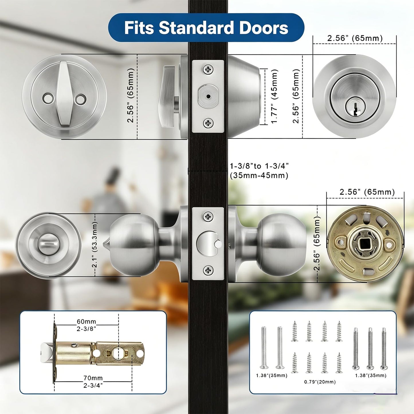 Knobonly Keyed Alike Exterior Door Knob, Round Outdoor Lock with One Sided Deadbolt, Stainless Steel, Satin Nickel Door Knobs, Silver Door Handle Sets, 4 Pack