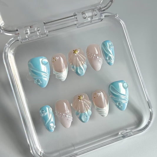 10Pcs Handmade Press On Nails, Spring & Summer French Almond Nails, 3D Blue Shell and Gold Plated Decoration Design, Reusable Acrylic Fingernail Salon Artificial Nails Kit (Size S)
