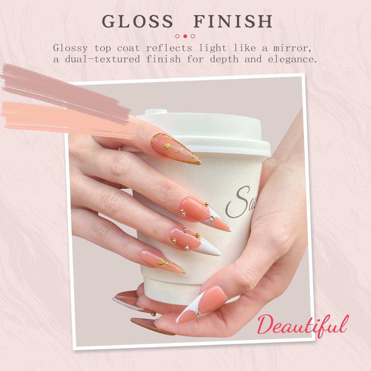 Luxury Long Stiletto Handmade Press-On Nails – Nude Almond Acrylic False Nails with 3D Rhinestones & White French False Nails – Reusable Nail Art(10PCS-M)