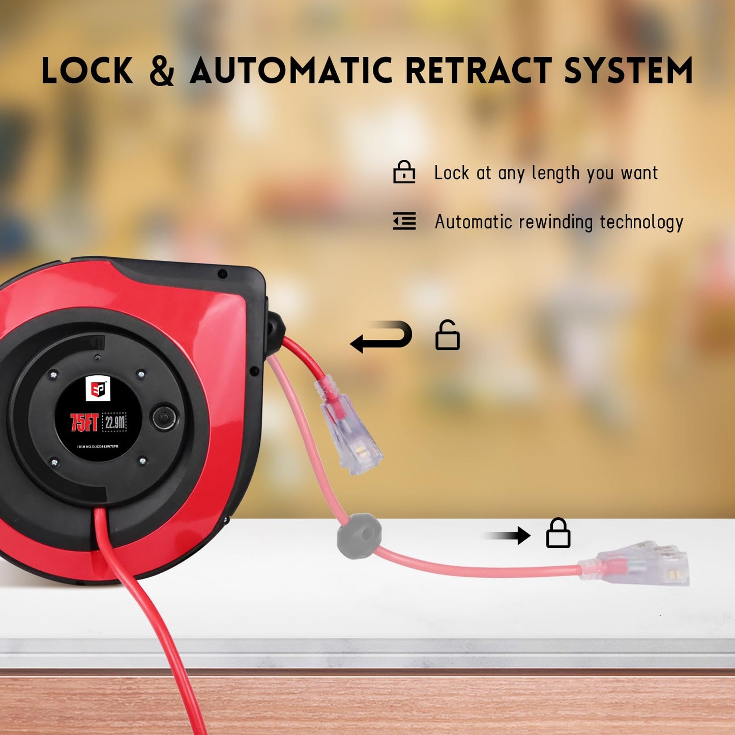 EP Retractable Extension Cord Reel,75 Feet 14 AWG/3C SJTOW Heavy Duty Power Cord,10 AMP Circuit Breaker, 3-Lighted Triple Outlets,Ceiling or Wall Mount Use Indoor, Red