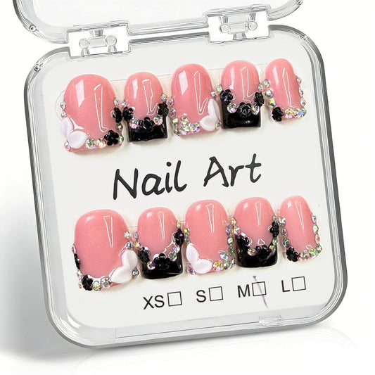 10 Pcs Handmade Press on Nails Short Square Fake Nails with 3D Flower Rhinestones Charms Design Black French Tip Pink False Nails Acrylic M Size Press Ons Nails Square for Women