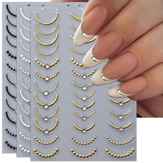 IDDFEVE Rhinestone Studded French Line Nail Art Stickers - 3 Colors Gold Sliver Black Crystal Diamond Self-Adhesive Curved Stripes Nail Decals, French Tips Guides for DIY Manicure (3 Sheets)