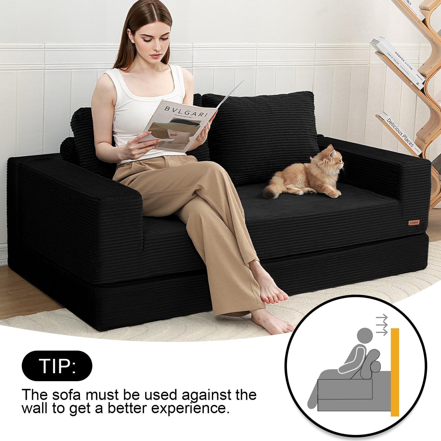 COMAX Convertible Sofa Bed Queen, Corduroy Folding Floor Couch Pull Out Couch Bed Futon Sleeper with Pillows, Fold Out Boneless Sofa Comfy Lounge Mattress Loveseat for Living Room Bedroom, Black