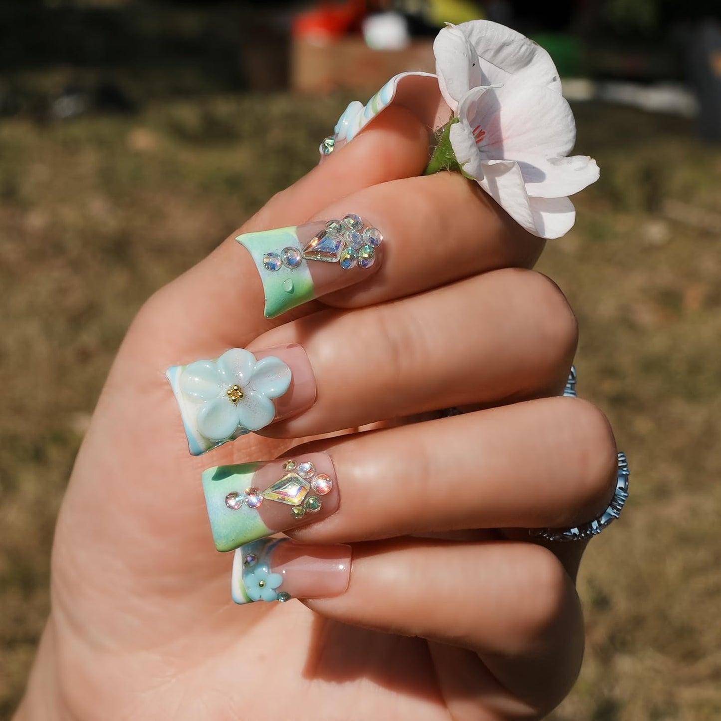 Tesytto Luxury Press On Nails Handmade Short Duck Nails, Mint Green Ombre French with 3D Floral Charms, Bling Crystal False Nails, Glossy Art Designs Reusable Acrylic (Misty Blue Floral Glitz,M)