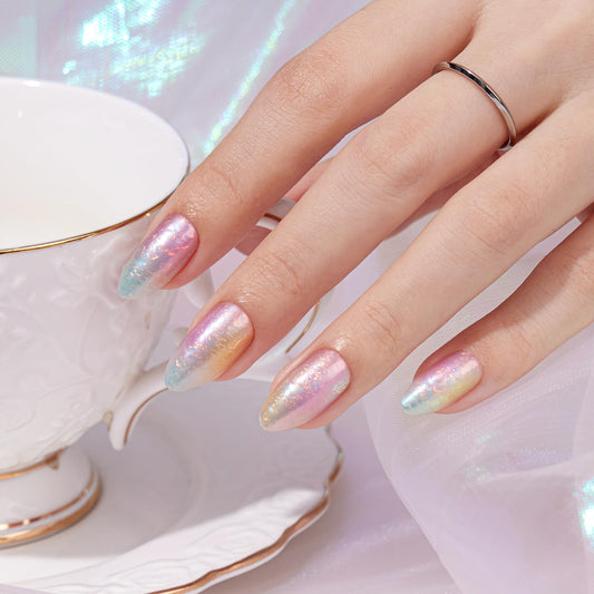 VSALON Press on Nails Medium Almond - Colorful Sfumato Golden Foil Nails Kit for Women, Reusable Spring Summer Opaque Soft Gel Fake Nails with Glue & Cuticle Oil - 32 PCS Glue On Nails in 16 Sizes