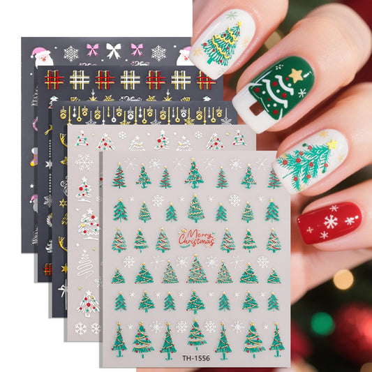 5 Sheets Christmas Bronzing Nail Stickers, 3D Embossed Self-Adhesive Snowflake Nail Decals with Xmas Tree Santa Claus Bow Design Holiday Nail Art Supplies for Women DIY Decorations