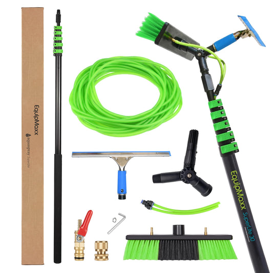 EQUIPMAXX 30 Feet Solar Panel Cleaning Brush & Pole Window Cleaner Window Cleaning Solution (Glass, Solar Panel, etc.) Professional Tool Water Fed Pole Kit Scrubber Brush w/Spray Washer & Squeegee