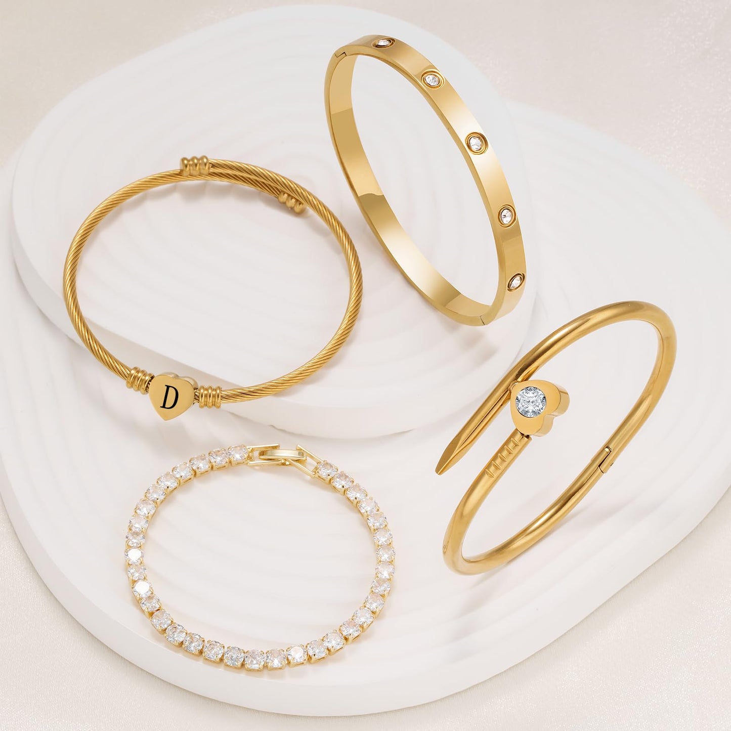 MEIERYA18K Gold Plated Nail love Bangle Bracelet Set for Women,Cubic Zirconia,Adjustable tennis bracelet Trendy Gift Jewelry for Mother's Day Anniversary (04-Style-D)