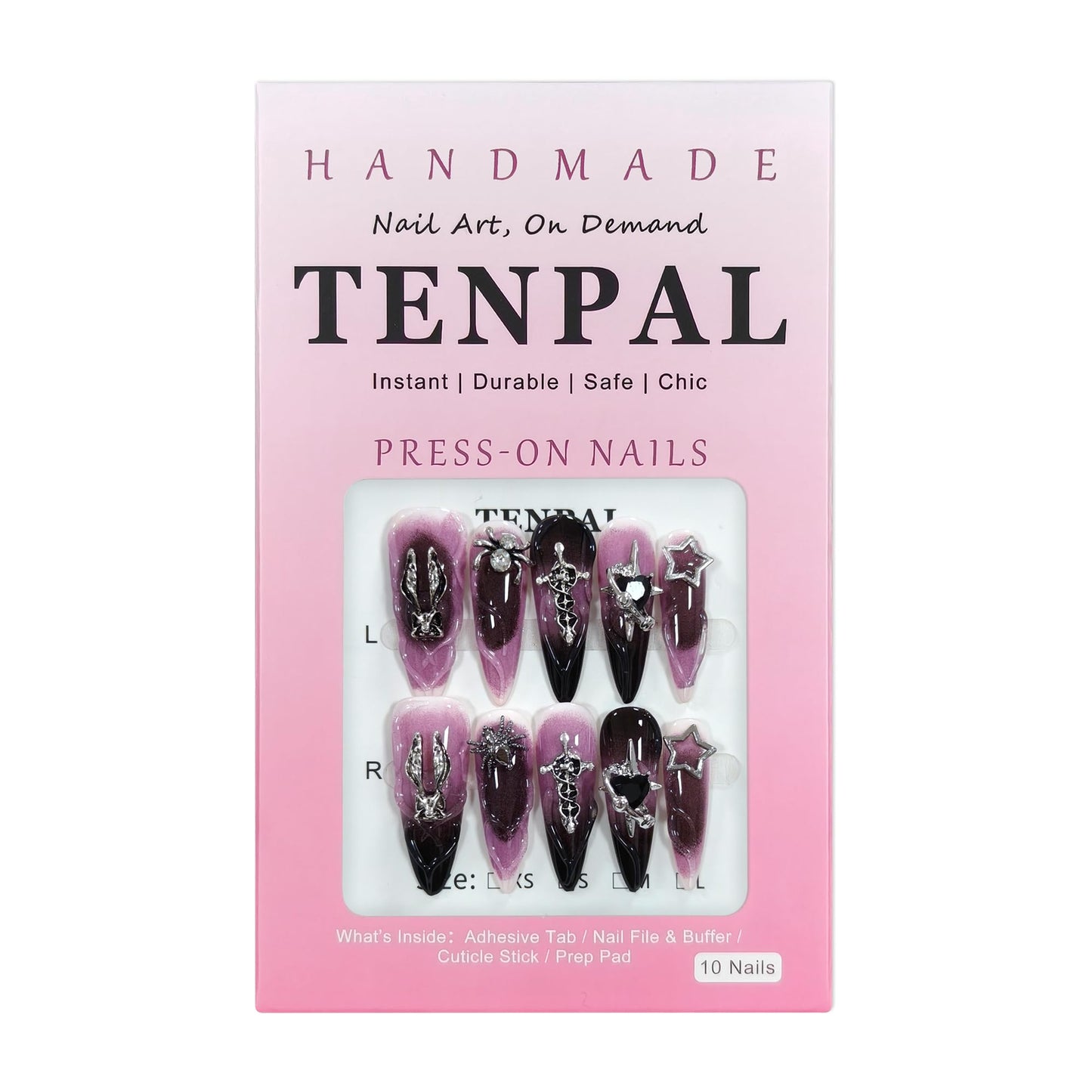 TENPAL 10Pcs Handmade Press On Nails Long Stiletto,Gothic Pink & Black Swirl Fake Nails with 3D Cross Spider Star Charms,Glossy Y2K Punk Glam Halloween Nails,Edgy Kawaii Nails for Parties Cosplay(M)