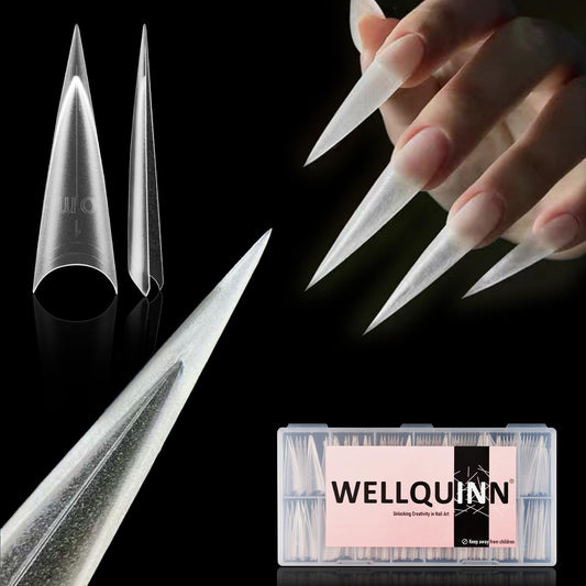 Wellquinn Stiletto Nail Tips Sharp Solid Core Stiletto Half Cover Press on Nails, XXL Clear Fake Acrylic Nails False Nail Tips for Nail Art Design Salon Artistic and Home DIY 15 Sizes