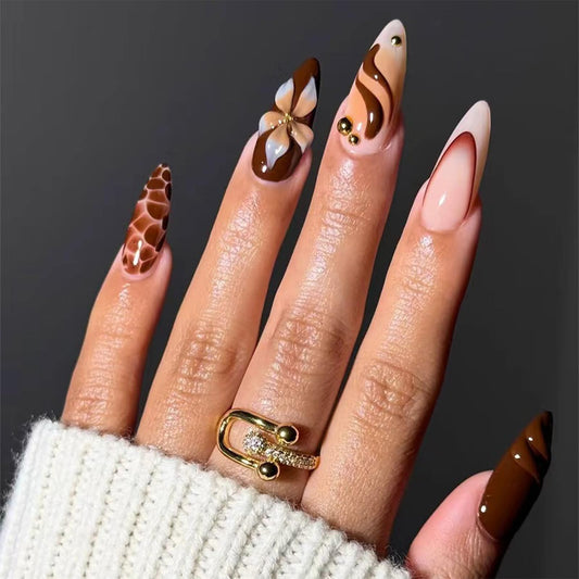 SINHOT Press on Nails - Medium Almond Fake Nails, Glossy Finish, 3D Flower & Brown Swirl, DIY Artificial False Nail Art - 24 Pcs Nail Kit with Glue