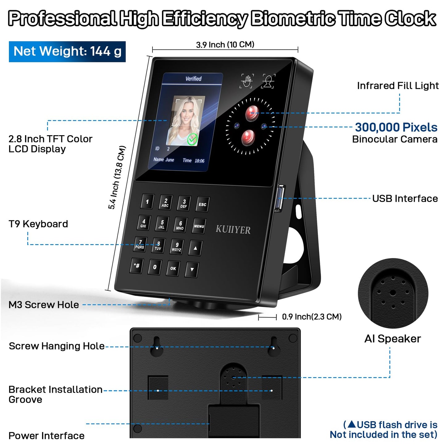 KUIIYER 3 in 1 Employees Time Clocks for Small Business (Face + Palm Print + Password) Employee Clock in & Out Machine Biometric Attendance Punch Clock Recorder Tracker (No Monthly Fee)