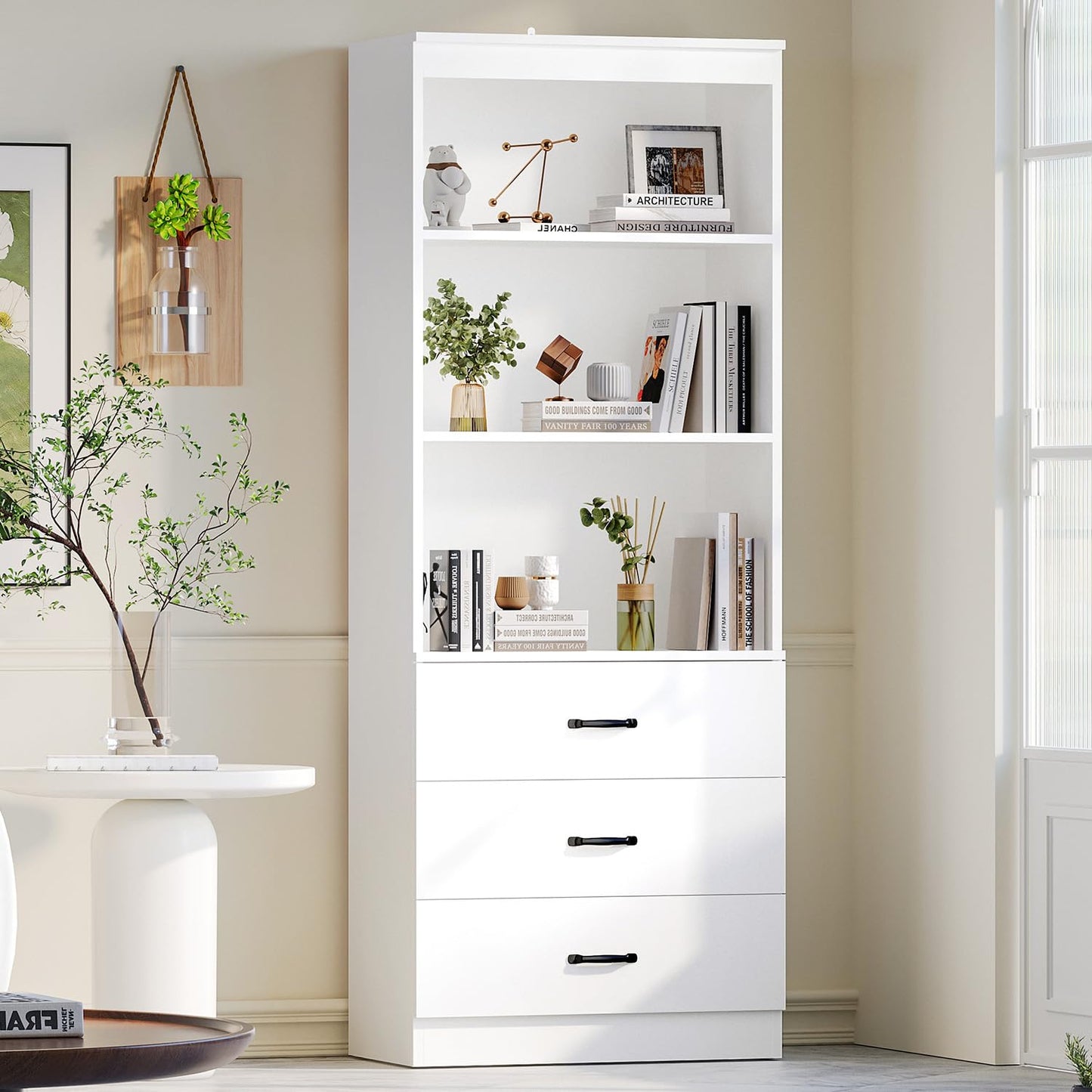 OneBlis 70" H Bookshelf with Drawers, Tall Bookcase with 3-Tier Open Shelves, Bookshelf and Bookcase with Storage Cabinet for Home Office,Living Room(White, 6-Tier)