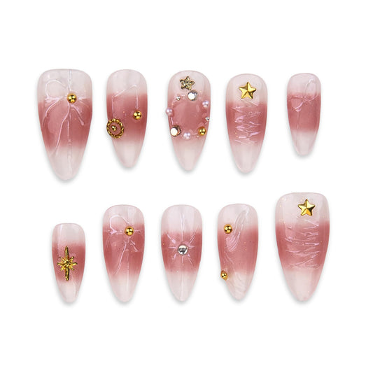 SIYOU Beauty | Sunset On The Waves | Pink and White Sunset Medium Almond Press On Nails for Women (Large) - Reusable, Salon-Quality Fake Nails (10pc)