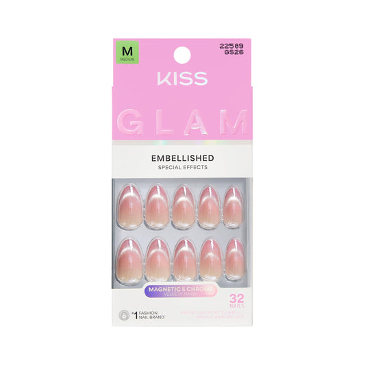 Kiss Glam, Press On Nails, Nail glue included, 'Stardust Wonder', Pink, Medium Size, Almond Shape, Includes 32 Nails, 2g Glue, 1 Manicure Stick, 1 Mini File